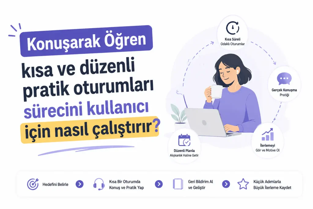Konuşarak Öğren kısa ve düzenli pratik oturumları sürecini kullanıcı için nasıl çalıştırır? Kapak